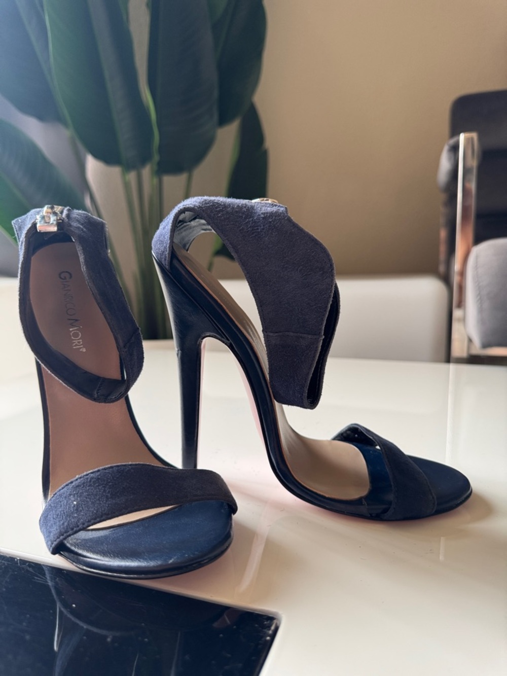 Gianrico Mori Navy Suede Open-Toe Stiletto Sandals